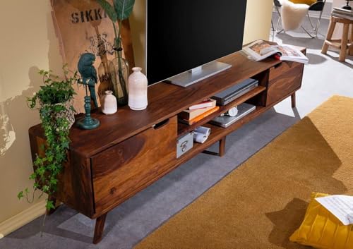Image of Solid Wood TV Unit for Living Room 65 Inch Furniture - Wooden TV Unit with Storage Cabinet with 2 Door, 2 Open Shelves Wooden TV Cabinet for Living Room - Fits up to 65-Inch TV (Jasper)
