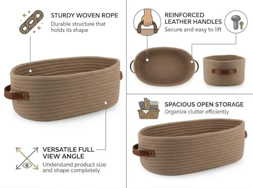 Image of AuraNest Jute Cotton Round Storage Basket | Handmade Rope Shelf Organizer Bin | Multipurpose Gift Basket for Kitchen, Toys, Closet & Home Decor | Eco-Friendly Woven Basket (Beige-Ovel)