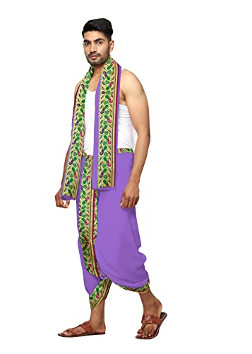 Image of Rameshwaram Fabrics Readymade Dhoti for Men, Velcro Style Stitched Mens Silk Dhoti Pant with Stole Set