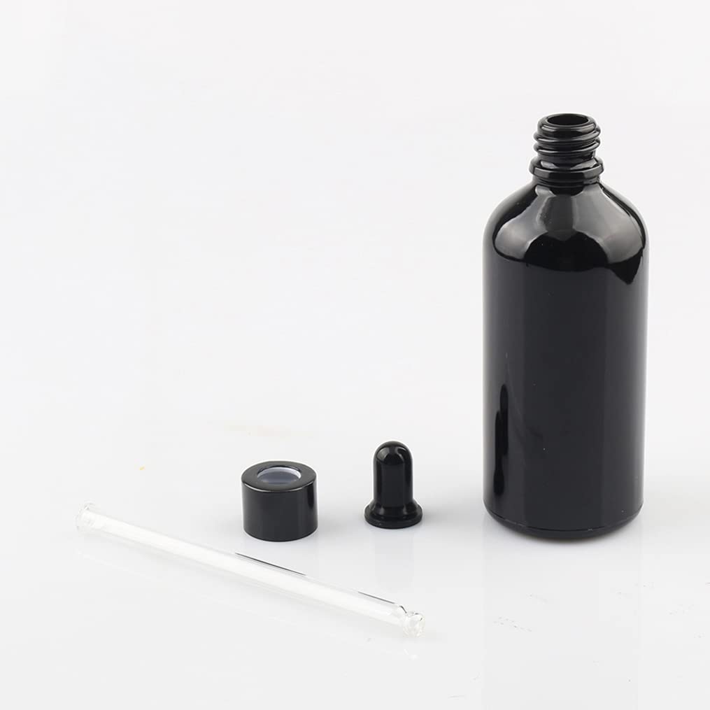 12 Pieza,Botella de Aceite Esencial Negro brillante de 100 Ml, Fácil de Llenar, Botellas de Cristal con anillo de Negro y pipeta,para Aceite Esencial, Masaje,Fragancia, Aromaterapia