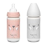 0% Bisphenol A. Suavinex 307306 Pack Biberón Vidrio , Tetina Redonda de Silicona 3 Posiciones, Con Sistema Anticólicos, Bebés +0 Meses, color Rosa, 2x 240ml