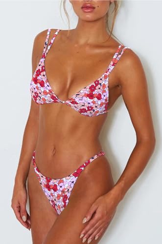 Image of Women's Sexy Thong Bottom Two Piece Bikini Double Shoulder Straps Cute Swimsuit Triangle Bathing Suit