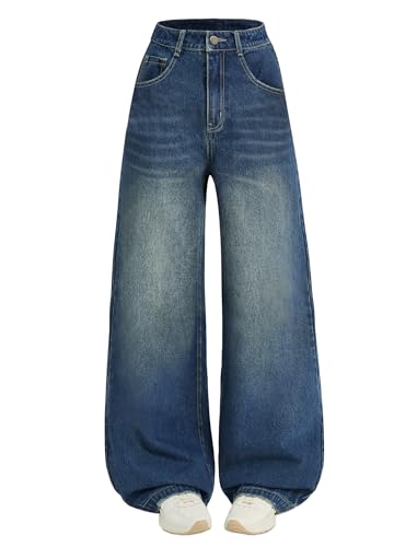 EXARUS Girls Jeans Wide Leg Baggy Teen Denim Pants Mid Rise Elastic Band with Pockets Casual for...