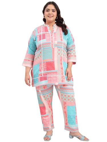 Image of Tissu Women's Plus Size Pure Cotton Red Asymmetrical Top with Trouser Co-ord Set