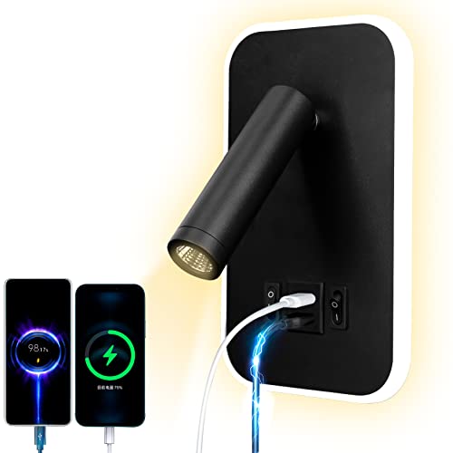 uksunvi LED Leselampe Wandlampe USB Type-C-Zwei AufladungMund Schalter Verstellbarer 12W LED Strahler 3000K Wandleselampe Aluminium Bettlampe Drehbar (Rechteckig Schwarz)