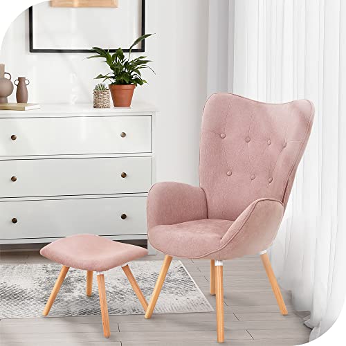 Hernest Modern Accent Chair With Ottoman Set, Comfy Upholstered Living Room Sofa Chair With High Back Armrest And Wood Legs Reading Armchair Vanity Chair With Ottoman For Bedroom Living Room, Pink #TOP6