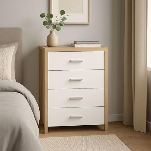 Meyvaser Cómoda - Sinfonier Dormitorio, Cajonera de 4 cajones con guías metálicas Color Cambria Blanco