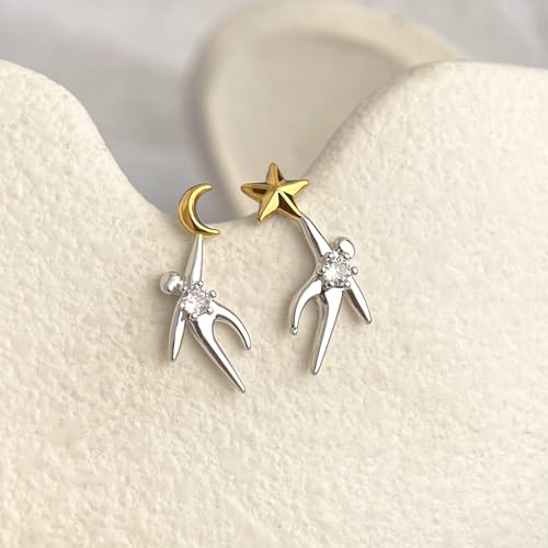 "Inner Light" Star and Moon Asymmetrical Stud Earrings – Gold and Silver celestial earrings with Zirconia, 925 Sterling Silver Posts, unique two-tone dainty jewelry, inspirational gifts, friend gifts for Graduations，18th birthdays or everyday wear2