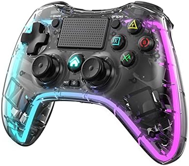 ROTOMOON Clear Wireless Controller with 8 Color Adjustable LED Lighting Compatible with PS4 Pro/PS4 Slim/PS4 Controller, with Headphone Jack for PS4 Dualshock 4 Game