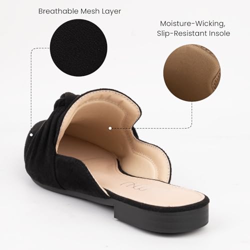Image of MUSSHOE Mules for Women with Bow Knot: Pointed Toe Flats - Cloud-Cushion Suede Backless Loafers for Office & Casual Wear - Wide-Fit Friendly Slip On Slides with Memory Foam