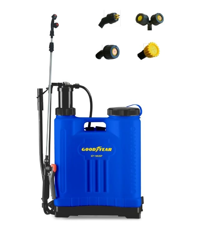 Goodyear - Mochila Pulverizadora Manual 16 litros. Pulverizador Presión Retenida 1,4 Bar Presión Abierta 2 Bar Presión Cerrada. Lanza Acero Inoxidable. Boquillas Cono Doble Cono Abanico 4 Agujeros