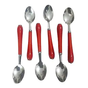 DESCTIDY Stainless Steel Tea Spoons for Soup,Deserts,Ice Cream,Tea,Dining Table with Red Shiny Plastic Handle, [Pack of -6] Randim Color Send