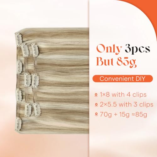 Image of Sunny Hair Clip in Hair Extensions Real Human Hair Blonde Highlight 14inch | Remy Hair for Women Golden Blonde Highlights Light Blonde Everyday Hair Volume for Work & Special Occasions 85g