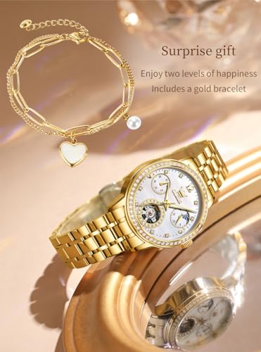 Image of OLEVS Women Watches Automatic Mechanical Set Casual Diamond Dress Ladies Self Winding Two Tone Wrist Watch Date