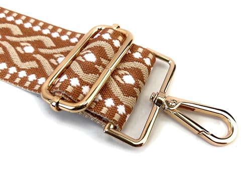 Image of Brown Beige Geometric Jacquard Purse Strap with Light Gold Hardware 2 Inch Wide Replacement Crossbody Guitar Style Shoulder Strap for Handbags Totes