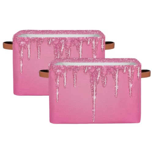 Image of Pink Sparkly Storage Baskets for Organizing, Fabric Collapsible Storage Bins Box Pink Glitter DecorativeToy Organizer Baskets for Closet Shelves Gift Basket 2Pcs