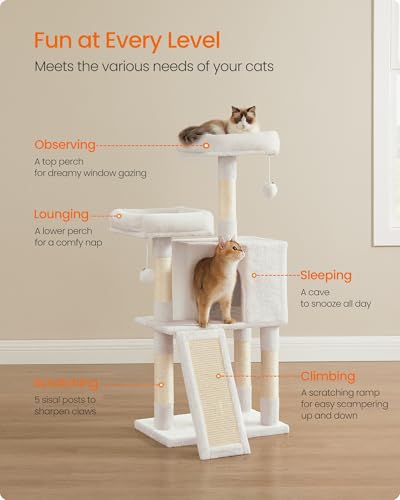 Image of Feandrea Cat Tree, 45.3-Inch Cat Tower, Plush Condo Scratching Post, White | 45.3-Inch Cat Tower, Plush Condo with Scratching Post, Ramp, Perch, Spacious Cave, Cream White