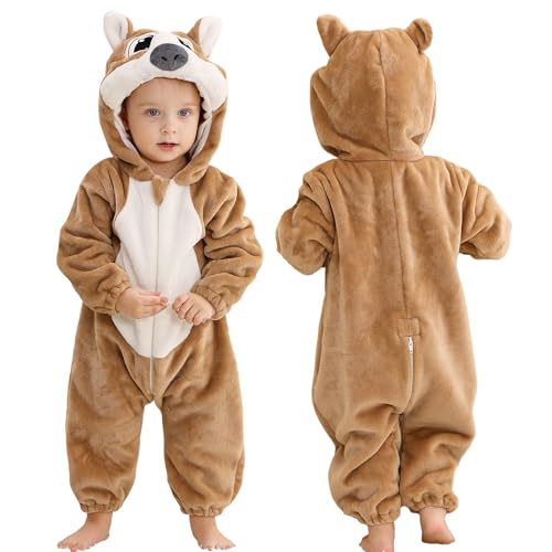 MICHLEY Baby Gilrs Boys Romper with Hood Soft Flannel Halloween Animal Onesie Outfit 2-5 Months, Brown, Size 70