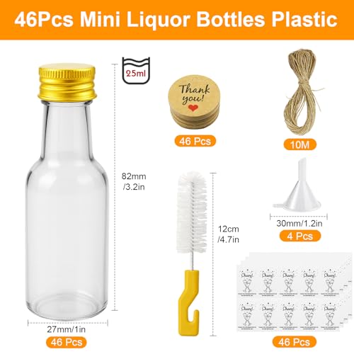Nadisean 46 Stück 25ml Kleine Flaschen zum Befüllen, Mini Flaschen zum Befüllen Kunststoff, Kleine Likörflaschen mit Deckel Trichter Etikett, Wiederverwendbare Schnapsflaschen für Hochzeiten Party
