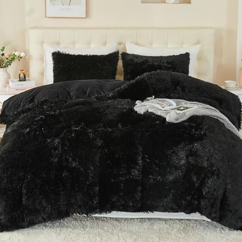 Image of EMME Luxury Fuzzy Duvet Cover Set Twin Size Fluffy Comforter Cover Set for Twin Bed 2 Pieces Shaggy and Plush Soft Bedding Duvet Covers (Black, Twin)