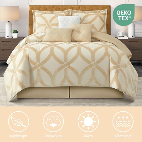 Image of LANCO MODERN LIFESTYLE 7 Piece Gold Comforter Set, California King, Jacquard Geometric Pattern, Bed in a Bag, Cut Velvet Luxury Bedding All Seasons with Pillow Shams, Decorative Pillows and Bed Skirt