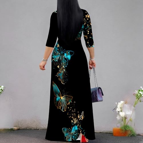 Image of SUZONANA Plus Size Dresses for Women Print Maxi Dresses Flowy 3 /4 Sleeve with Belt