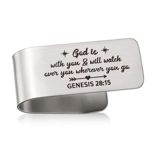Image of Penitue Stainless Steel Car Visor Clip, Engraved God is with You Sun Visor Clip for Cars Inspirational New Driver Gifts Drive Safe Blessing Accessory Perfect for Women Men Family Friends