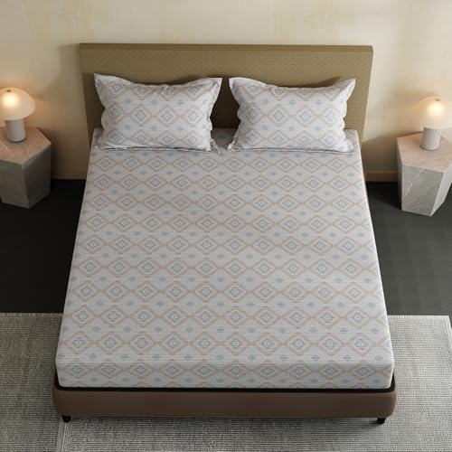 Image of Layers 100% Cotton Bedsheet for Double Size Bed | Lumina Floret Collection | 144 TC Soft & Breathable | Printed with 2 Pillow Covers | Wrinkle Free & Colorfast | 3 Piece Bedding Set - Blue
