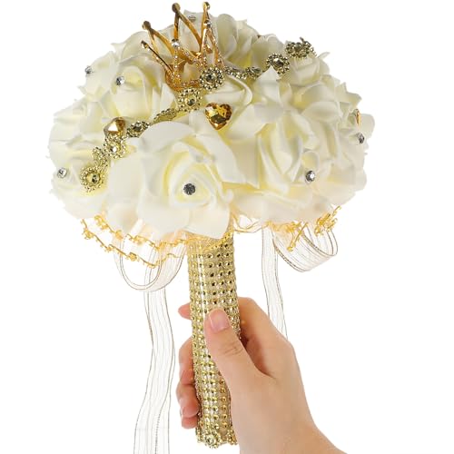 Ramo de novia artificial grande versátil flores de tela adorno dorado 5