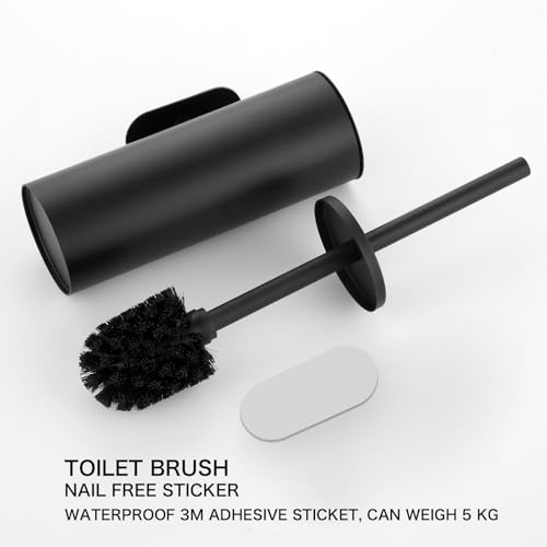 Image of 1PCS Heavy Duty Adhesive Toilet Brush Holder - No Drilling Required Bathroom 304 Stainless Steel, Rounded Brush Head Cleans More Thoroughly for Bathroom (Black)