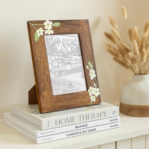 Image of Aurum Crafts Bella Handpainted Wooden Photo Frame 4x6 Inch | Handcrafted Mango Wood Picture Frame with Floral Design | Tabletop & Wall Mount Frame for Home Decor