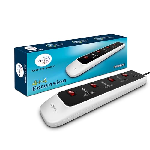 Image of Wipro North West 4+4 Extension Board | 4 Sockets with Individual Switches | Spike Guard with Auto Cutoff | 2 Meter Long Cord | Child Safety Shutters | Fire Resistant Power Strip for Home & Office