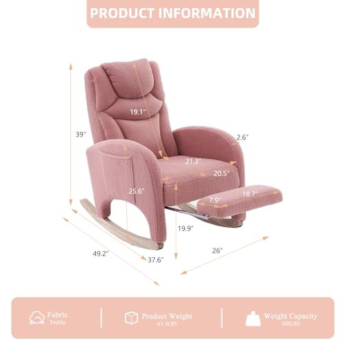 Nursery Rocking Chair with Foot Rest,Upholstered Teddy Glider Rocker with Solid Wood Legs, Accent Nursing Arm Chair for Living Room/Bedroom/Nursery,Pink