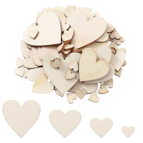 100Pcs Wood Hearts Wooden Hearts for Crafts Assorted Size Unfinished Blank Wooden Heart Shapes Sign Tag Wood Ornaments Embellishments for Valentines Day Birthday Party Wedding Guest Book DIY