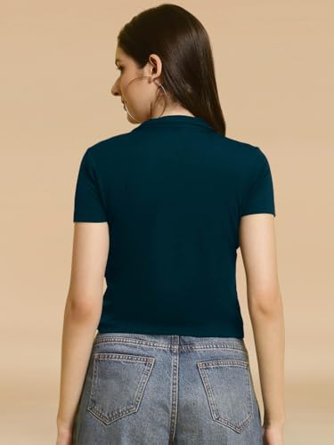 Image of Pinkmint Women's Solid Cotton Collar Neck Top ll Lycra Crop Tank T-Shirt ll Korean Trendy Half Sleeve ll Stylish Collared T-Shirt (Pack of 1)