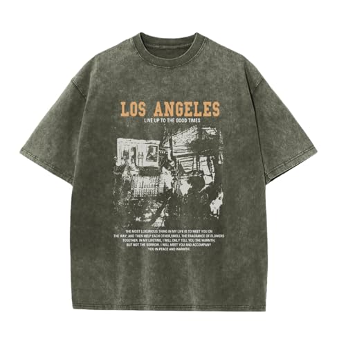 Pairxily Oversized Graphic Tshirts for Men Acid Wash Los Angeles Vintage Tees Streetwear Baggy Cotton Shirts Casual Tops(Army Green,L)