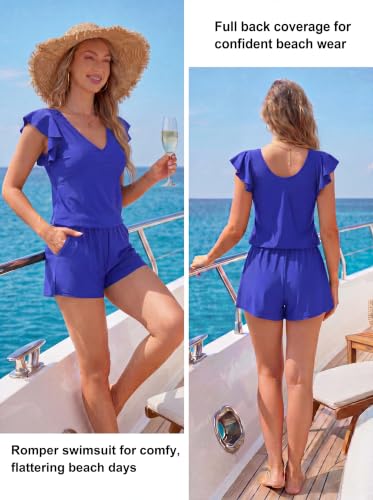Image of Smismivo Swim Romper with Built in Bra and Pockets Swim Dress Modest One Piece Swimsuit Full Coverage Bathing Suit