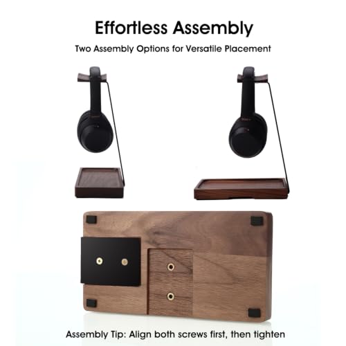 Image of Walnut Headphone Stand, Wooden Headset Stand for Desk, Wood Gaming Headphone Holder with Storage Base for Airpod max, Bose, Razer, Sennheiser, Jabra, JBL, AKG, Vintage Gift for Men, Black