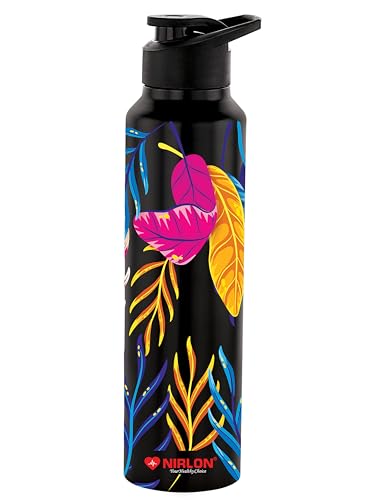Image of NIRLON Classic Flip UV Printed Single Wall Stainless Steel Sipper Cap Water Bottle 1000ml |Fridge Water Bottle| Office Bottle|Gym Bottle|School Bottle|Treking Bottle|Travel Bottle (Lucid Black)