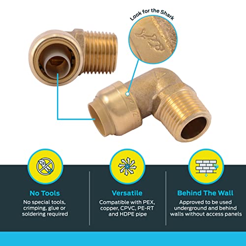 SharkBite 1/2 Inch x 1/2 Inch 90 Degree Male Adapter Elbow, Push to Connect Brass Plumbing Fitting, PEX Pipe, Copper, CPVC, PE-RT, HDPE, U280LFA