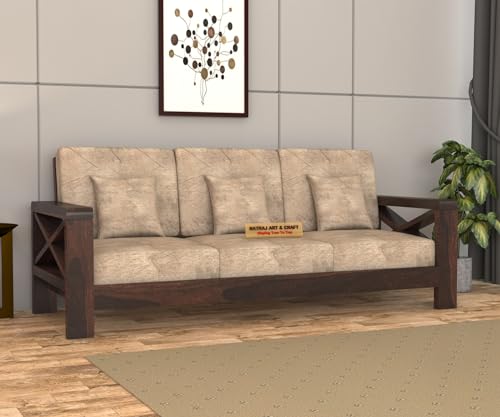 Image of NATRAJ ART & CRAFT Solid Sheesham Wood 3 Seater Hizen Sofa Set for Living Room with Cream Cushions, X-Legs Sofa Set - Light Walnut Finish