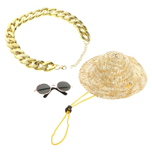 Sombrero de paja y collar para perros SEWACC, 3 piezas