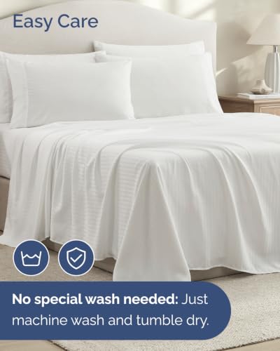 Image of Queen 6 Piece Bed Sheet Set - Breathable & Cooling Sheets - Striped White