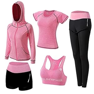 ZETIY Survêtement de Fitness Femme 5 Pieces Costumes de Sport Yoga Fitness Tenue de Sport Sportswear pour Gym Jogging Athletisme - Rose - M
