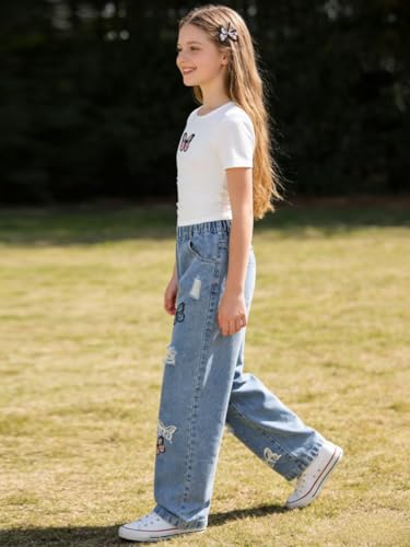 Image of Azmxynol Tween Girl Clothes Short Sleeve Top + Butterfly Design Jeans 2 Pieces Spring Summer Outfit Set, Size 6-16 Years