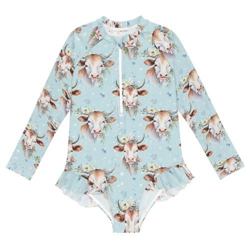 Cow Ox Animal Flowers Girls Long Sleeve Rashguard Swimsuit UV Protection One-Piece Swimwear Bathing Suit B0402772