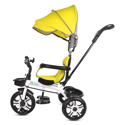 Image of BABY SMILE 4-in-1 Kids Tricycle with Adjustable Canopy, Parent Push Handle, Red and White (Yellow)