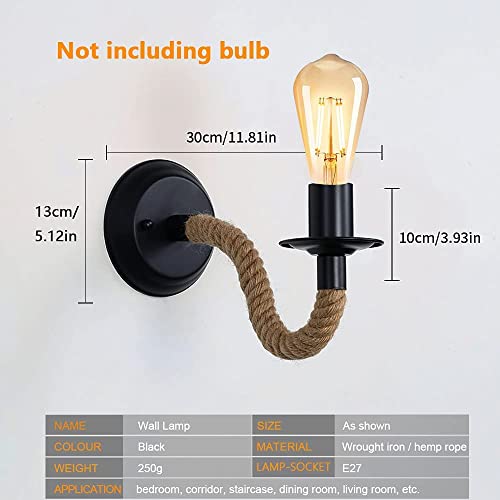 2Packs Applique Murale Vintage, Lampe Murale Corde de Chanvre, E27 Rétro Applique Murale Interieur pour Couloir Loft Chambre Café Bar (sans Ampoule) - Image 3