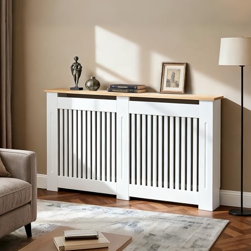 FATIVO Cache Radiateur en Bois Blanc Couverture Moderne avec Lattes et Étagère Supérieure...