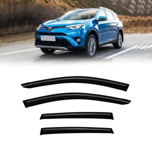 Image of Rain Guards Window Visor for 2013-2018 Toyota Rav4 Out-Channel | Shields Vent Deflector Shade Wind Dark Smoke 2014 2015 2016 2017 13 14 15 16 17 18, Tape-On Outside-Mount, 4PCS